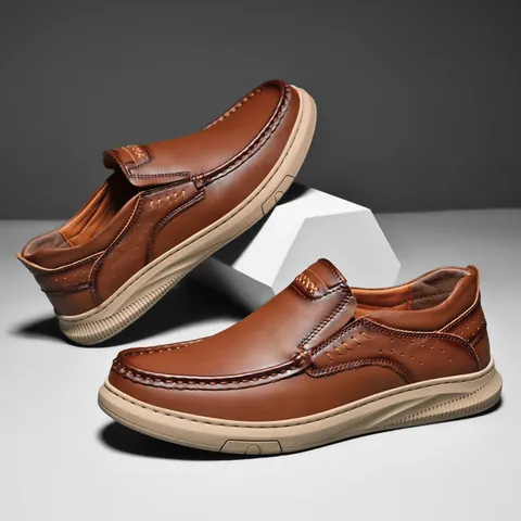 Men Business Casual Split Cowhide Leather Loafers Breathable Slip-On Driving Shoes Comfy Wear-Resistant Flat Moccasins