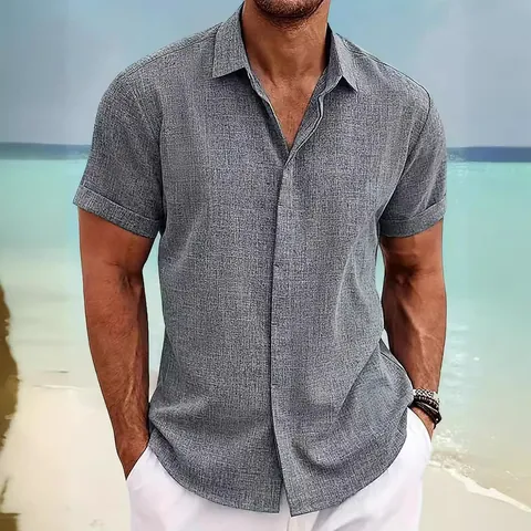 Camicia a Maniche Corte Casual da Uomo Texture Lino Tie Dye Top Abbottonato Leggero Traspirante Camicia Moda Estiva per Vacanze