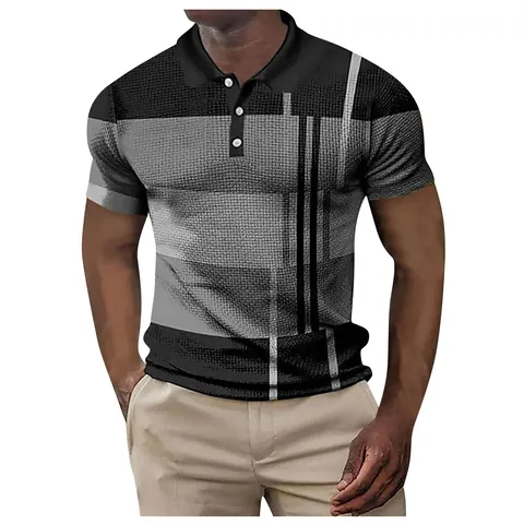 Men's Casual Striped Printed Polo Shirt Short Sleeve Turn-down Neck T-Shirt Sporty Summer Fashion Tops