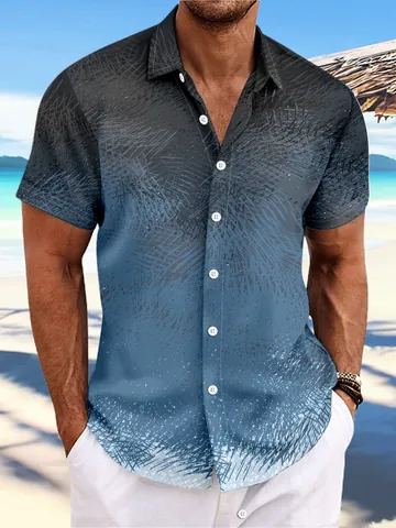 Heren Casual Korte Mouw Overhemd Gradiënt Gestreept Palmblad Print Revers Knoopsluiting Polyester Top Zomer Strand Vakantie Overhemd