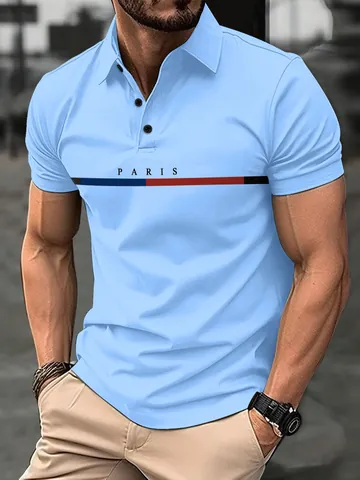 Polo para Hombre Casual de Poliéster Estampado Moda París Letras Rayas Solapa Manga Corta Top Corte Ajustado Camiseta Deportiva