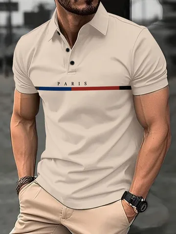Polo para Hombre Casual de Poliéster Estampado Moda París Letras Rayas Solapa Manga Corta Top Corte Ajustado Camiseta Deportiva