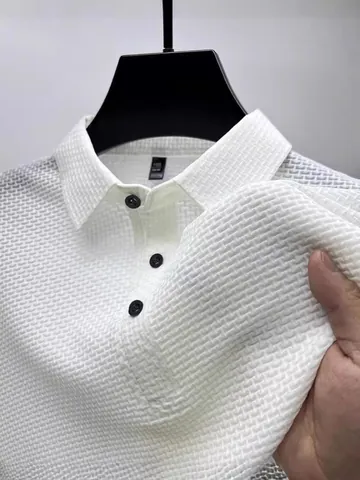 Polo Homme en Soie Glacée Manches Courtes Décontracté Mode Urbaine Col à Revers Boutonné Tricot Gaufrette Respirant Été