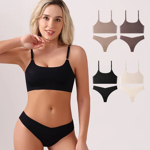 Women Seamless Wire-Free Bra Underwear Set Adjustable Straps Breathable Lingerie Top And Bottom Set Solid Color Sexy Intimates