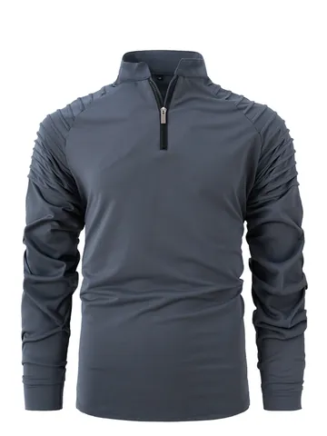 Men Quarter Zip Sport Sweatshirt Casual Long Sleeve Top With Pleated Shoulder Patchwork Stand Collar Fashion Slim Fit Pullover