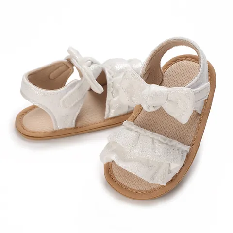 Baby Girl Prewalker Sandals Summer Bow Ruffles Soft Sole Non-Slip Beach Shoes Infant Toddler Canvas Pre-Walker Sandals