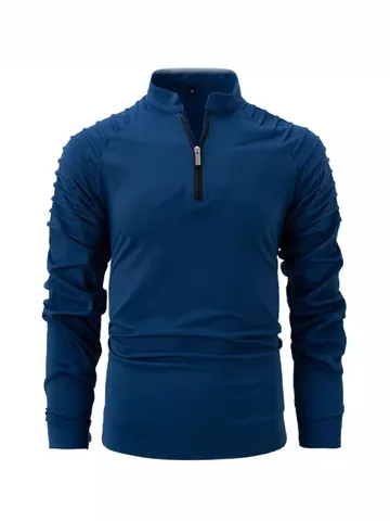 Men Quarter Zip Sport Sweatshirt Casual Long Sleeve Top With Pleated Shoulder Patchwork Stand Collar Fashion Slim Fit Pullover