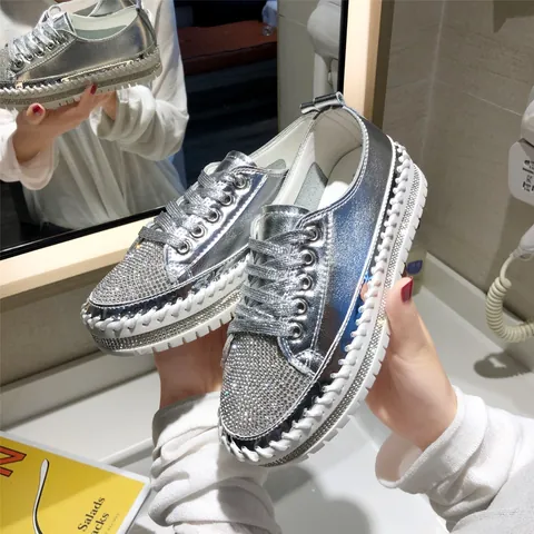 Women Rhinestone Platform Sneakers Fashion PU Leather Lace Up Thick Sole White Shoes Sparkly Casual Footwear For Spring Summer