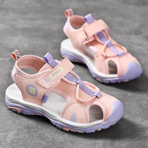 Kids Closed Toe Sandals Boys Girls Anti-collision Beach Shoes Breathable Sport Sneakers With Hook And Loop Fastener For Outdoor Vacation