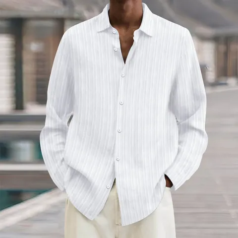 Camicia Casual a Maniche Lunghe a Costine da Uomo Revers Abbottonato Top in Poliestere Texture Verticale Moda Quotidiana Camicia Tinta Unita