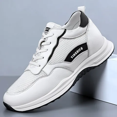 Men Top Grain Cowhide Height Increasing Sneakers Casual Thick Sole Daddy Shoes Fashion White Black Lightweight Sporty Footwear