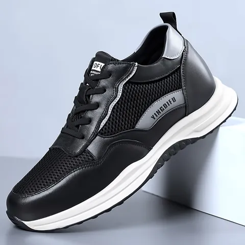 Men Top Grain Cowhide Height Increasing Sneakers Casual Thick Sole Daddy Shoes Fashion White Black Lightweight Sporty Footwear