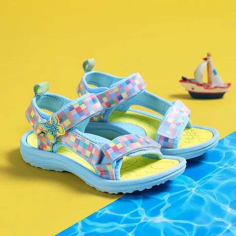 Girls Plaid Woven Sandals Butterfly Decor Lightweight Soft Sole Beach Shoes Kids Velcro Casual Sandals for School Outdoor