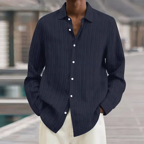 Camicia Casual a Maniche Lunghe a Costine da Uomo Revers Abbottonato Top in Poliestere Texture Verticale Moda Quotidiana Camicia Tinta Unita