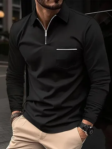 Men's Casual Long Sleeve Polo Shirt Solid Color Zip Up Collar With Contrast Detail Chest Pocket Comfortable Polyester Top