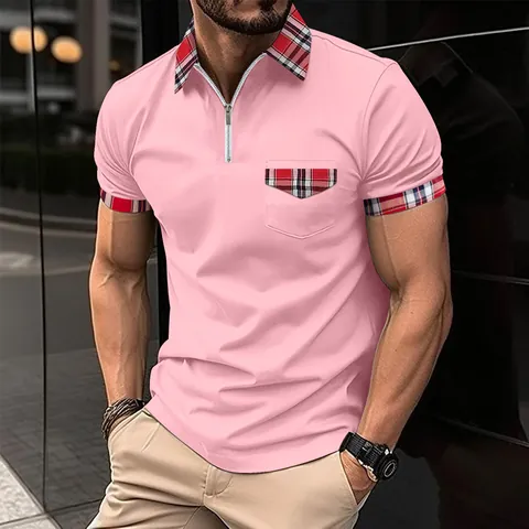 Men Casual Polyester Polo Shirt Lapel Zipper Short Sleeve Top With Plaid Patchwork Detail Pocket Smart Daily Wear