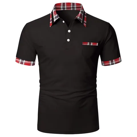Herren Casual Kurzarm Polo-Shirt Plaid Patchwork Tasche Einfarbig Umlegekragen Polyester Sommer Mode Top