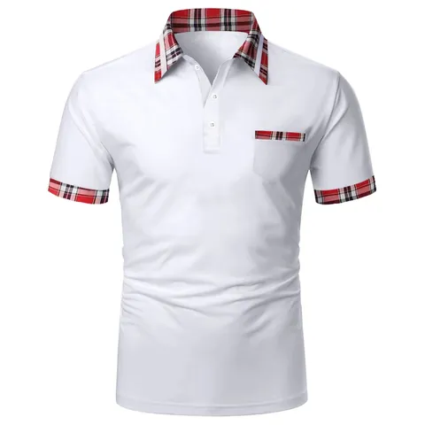 Herren Casual Kurzarm Polo-Shirt Plaid Patchwork Tasche Einfarbig Umlegekragen Polyester Sommer Mode Top