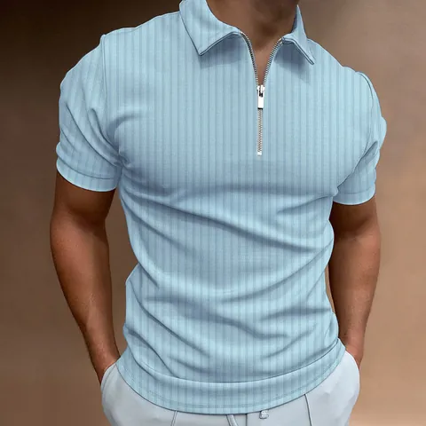 Men's Casual Short Sleeve Quarter-Zip Polo Shirt Slim Fit Ribbed Knit Textured Polyester Top Solid Color Summer Fashion Polo