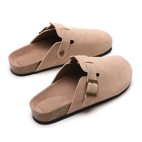 Top Grain Cowhide Cork Sole Mules For Women Men Adjustable Metal Buckle Casual Slip-On Closed Toe Clogs Retro Sandals