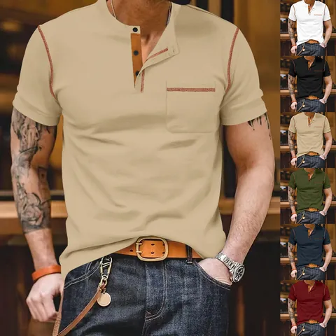 Men's Casual Henley Neck T-Shirt Short Sleeve Solid Color Top With Chest Pocket Contrast Stitching Polyester Summer Apparel