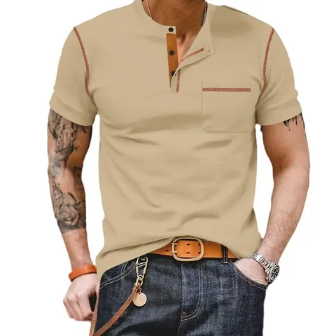 Herren Henley Shirt Kurzarm Polyester T-Shirt Kontrastnähte Casual Retro Sommer Top Mit Tasche Atmungsaktive Kleidung