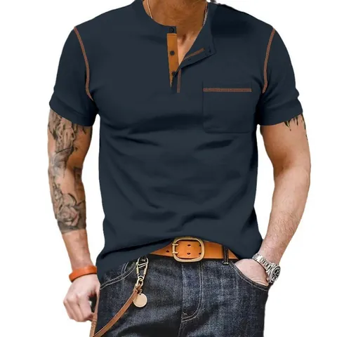 Herren Henley Shirt Kurzarm Polyester T-Shirt Kontrastnähte Casual Retro Sommer Top Mit Tasche Atmungsaktive Kleidung