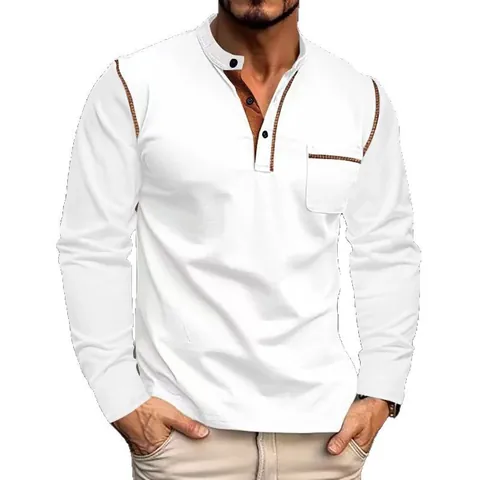 Men's Fashion Henley Long Sleeve T-Shirt Contrast Color Patchwork Knitted Casual Slim Fit Breathable Soft Top For Men