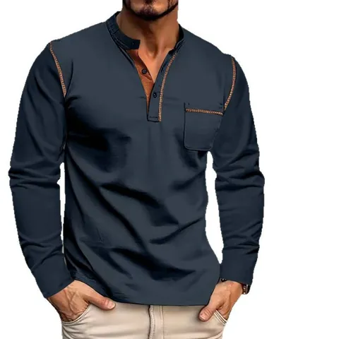 Men's Fashion Henley Long Sleeve T-Shirt Contrast Color Patchwork Knitted Casual Slim Fit Breathable Soft Top For Men
