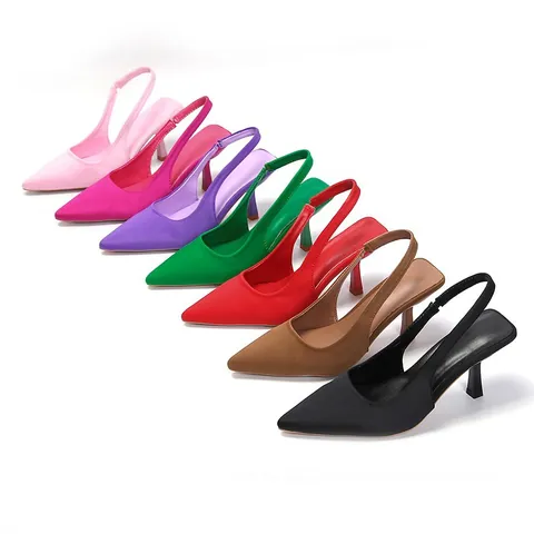 Women Pointed Toe Slingback Stiletto Heels Microfiber Shallow Mouth Sandals Western Style Party Wedding Fashion Shoes