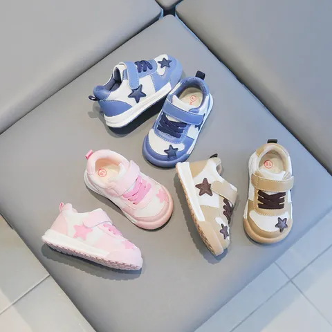 Toddler Baby First Walker Shoes Rubber Soft Sole PU Leather Breathable Mesh Star Pattern Velcro Non Slip Sneakers For Kids