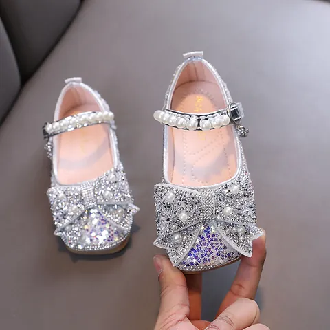 Girls Princess Rhinestone Shoes Pearl Bow Mary Jane Dress Shoes For Wedding Dance Performance Party Sparkling Lady-like Shoes