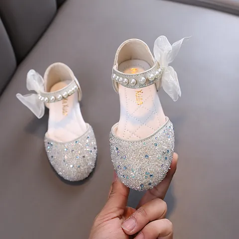 Girls Princess Shoes Lady-like Rhinestone Artificial Pearl Bow Mesh Dress Shoes For Dance Performance Wedding Party Kids Mary Janes