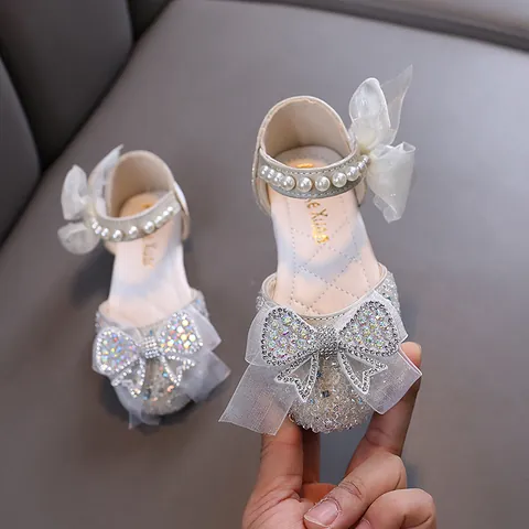 Toddler Girls Princess Dress Shoes PU Rhinestone Artificial Pearl Bow Performance Dance Shoes For Kids Toddler Wedding Party