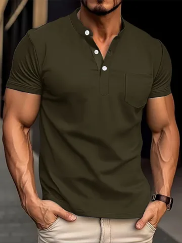 Men Polyester Cotton Blend Henley Polo Shirt Solid Color Casual Short Sleeve Top With Chest Pocket Moisture Wicking