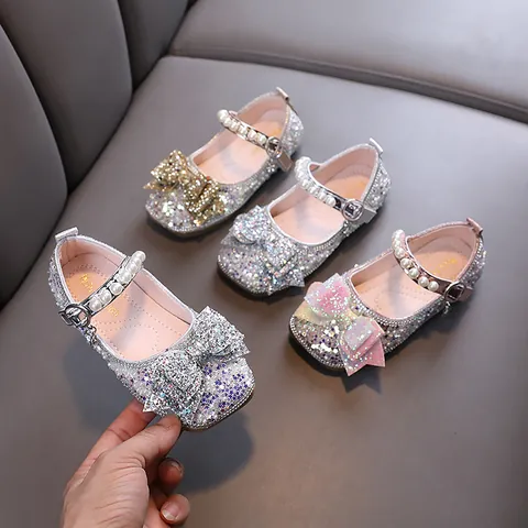 Girls Princess Rhinestone Shoes PU Leather Mary Janes With Bowknot Artificial Pearl For Wedding Performance Party Kids Flat Shoes