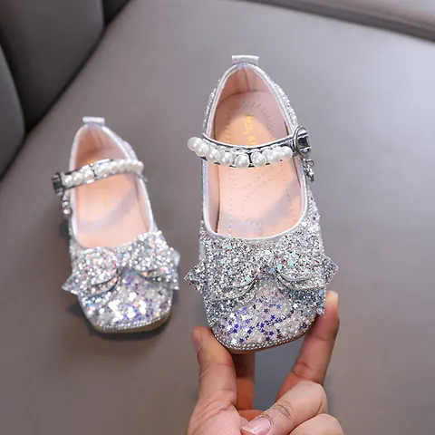 Girls Princess Rhinestone Shoes PU Leather Mary Janes With Bowknot Artificial Pearl For Wedding Performance Party Kids Flat Shoes