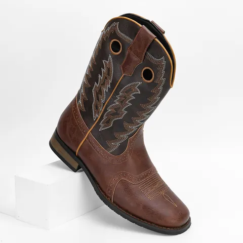 Men's Retro Embroidered Western Cowboy Boots Mid-Calf PU Leather Square Toe Pull-On Fashion Boots For Men