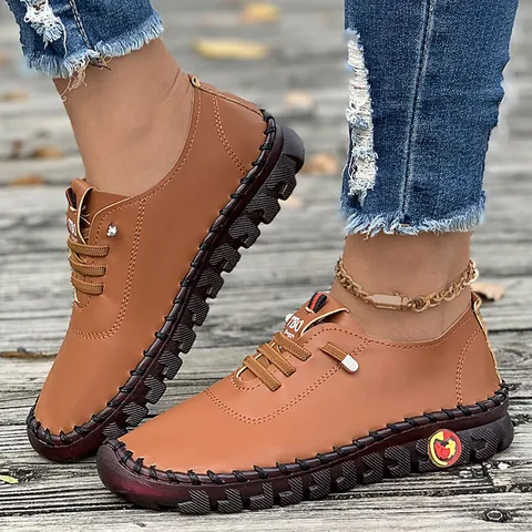 Women Casual Handmade Stitching Loafers Soft PU Leather Flat Shoes Comfortable Non-Slip Rubber Sole Slip-On Moccasins For Spring Summer