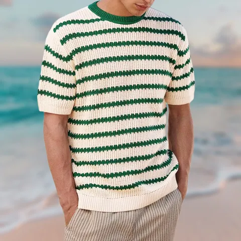 Men Casual Short Sleeve Knit Shirt Striped Color Block Crew Neck Acrylic Sweater Summer Vacation Beach Wear European Top