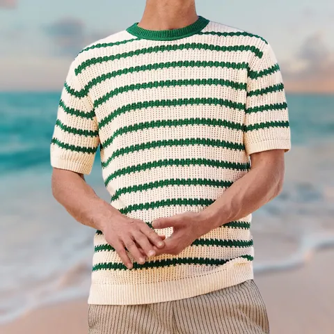 Men Casual Short Sleeve Knit Shirt Striped Color Block Crew Neck Acrylic Sweater Summer Vacation Beach Wear European Top