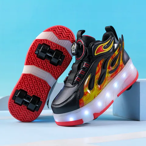 Kids LED Light-Up 4-Wheel Roller Shoes Flame Pattern Sports Sneakers For Boys Girls Student Outdoor Skates With Rotating Buckle