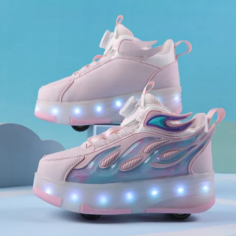Kids LED Light-Up 4-Wheel Roller Shoes Flame Pattern Sports Sneakers For Boys Girls Student Outdoor Skates With Rotating Buckle