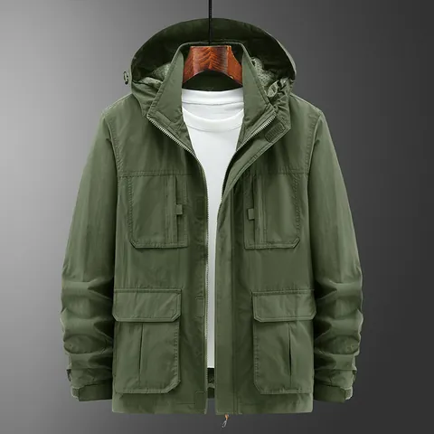 Men Outdoor Multi-Pocket Jacket With Detachable Hood Stand Collar Windproof Casual Workwear Coat Nylon Polyester For Spring Autumn