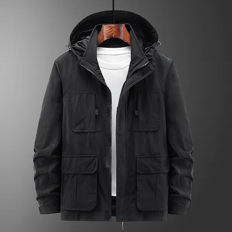 Men Outdoor Multi-Pocket Jacket With Detachable Hood Stand Collar Windproof Casual Workwear Coat Nylon Polyester For Spring Autumn