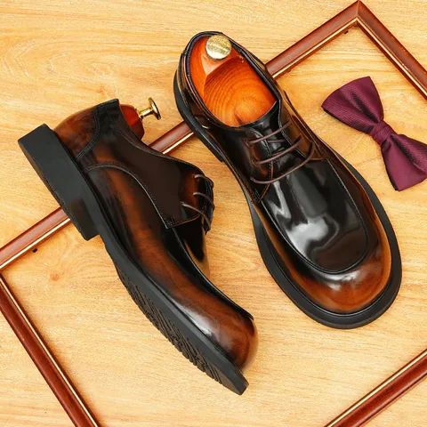 Men's Genuine Cowhide Derby Shoes British Style Round Toe Business Casual Formal Dress Shoes Brogue Stitching For Wedding