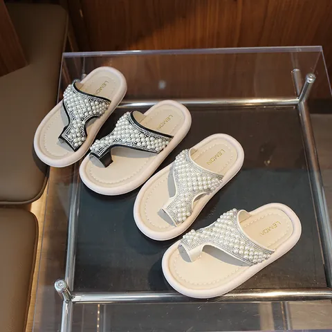 Chancletas para Niñas con Perlas Artificiales y Diamantes de Imitación Verano Estilo Coreano Sandalias de Playa de Princesa Zapatillas de Suela Blanda para Niños