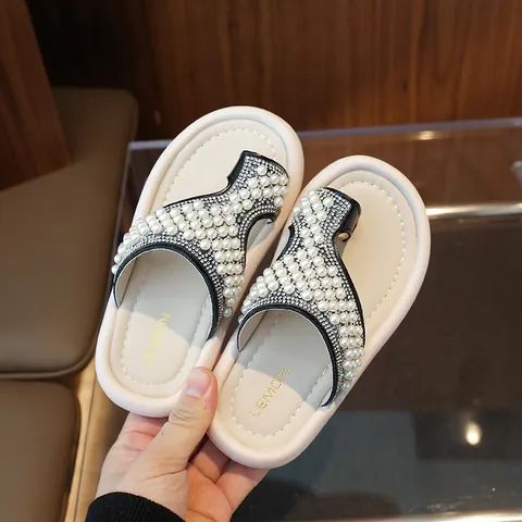Chancletas para Niñas con Perlas Artificiales y Diamantes de Imitación Verano Estilo Coreano Sandalias de Playa de Princesa Zapatillas de Suela Blanda para Niños