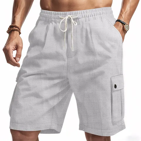 Men Amekaji American Cargo Shorts Summer Linen Slub Texture Outdoor Tactical Beach Casual Shorts Drawstring Elastic Waist Bottoms