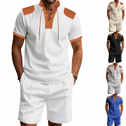Men's Casual Waffle Knit Clothing Set Contrast Trim Henley Neck Short Sleeve Top And Bottom Summer Outfit Home Wear